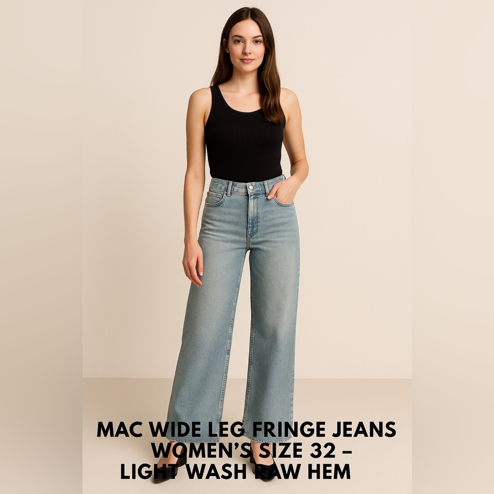 MAC Wide Leg Fringe Jeans Women’s Size 32 – Light Wash Raw Hem